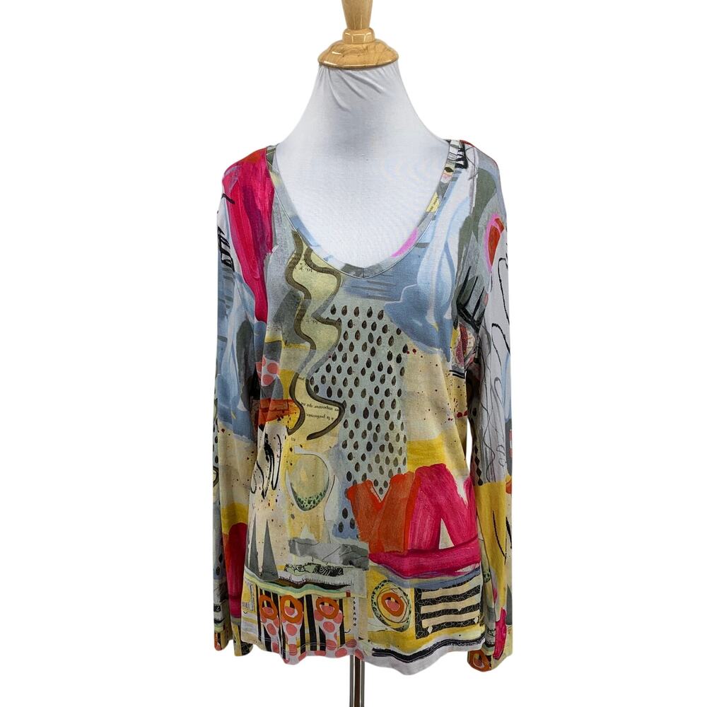 Dolcezza Simply Art Top Womens L Large Totem Abstract Print Pullover Scoop Neck
